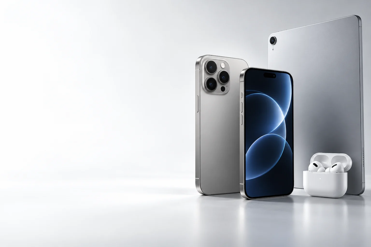 Ilustrasi pilihan iPhone, iPad, dan AirPods dengan nuansa silver